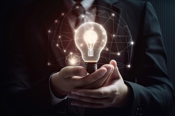 Hand of businessman holding illuminated light bulb, idea, innovation and inspiration concept. Generative Ai.