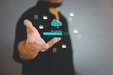 Businessman using smartphone and laptop uploading to cloud computing to download and loading data information and upload on system network application.

