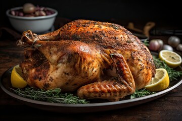 Festive celebration roasted turkey with gravy for Thanksgiving or Christmas. Generative Ai.