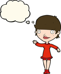 cartoon waving woman with thought bubble