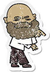 distressed sticker of a cartoon man with beard frowning and pointing