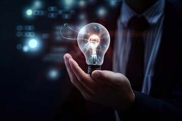 Hand of businessman holding illuminated light bulb, idea, innovation and inspiration concept. Generative Ai.