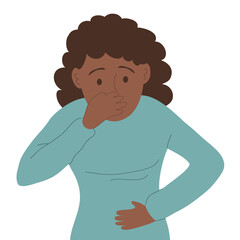A young woman suffers from nausea and abdominal pain. Vomiting and diarrhea. Symptom of the disease. The infection is bacterial. Flat vector illustration