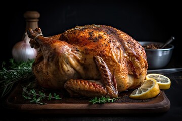Festive celebration roasted turkey with gravy for Thanksgiving or Christmas. Generative Ai.