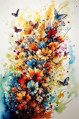 illustration of bloming flowers isolate background International Women's Day and Spring Festival. A cluster of wildflower bouquet colorful garden flowers arrangement. Generative Ai