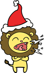 line drawing of a roaring lion wearing santa hat