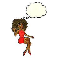 cartoon sitting woman waving with thought bubble