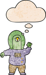 cartoon space alien and thought bubble in grunge texture pattern style