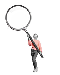  Art collage. The woman is holding a large magnifying glass isolated an free PNG Background....