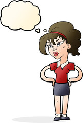 cartoon woman with hands on hips with thought bubble