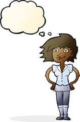 cartoon woman with hands on hips with thought bubble