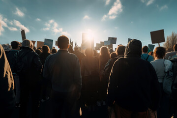 Back of people protesting in demonstration march. 