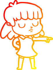 warm gradient line drawing cartoon indifferent woman pointing