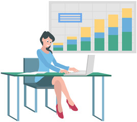 Fototapeta na wymiar Business idea, plan strategy and solution. Woman works with laptop and analyzes indicators on chart. Concept of new idea, thinking, innovation, creative idea for project, business plan development