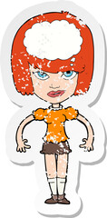 retro distressed sticker of a cartoon woman with idea
