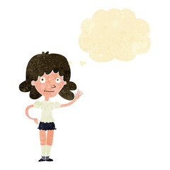cartoon woman waving with thought bubble