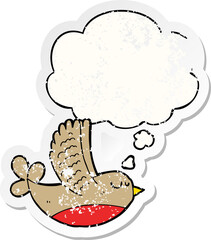 cartoon bird and thought bubble as a distressed worn sticker