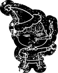 cartoon distressed icon of a man smoking wearing santa hat