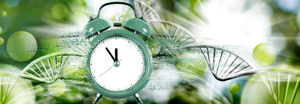 clock from which particles are separated against the background of flying DNA chains.