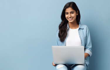 young happy AI generated latin woman using laptop device , isolated on a blue background