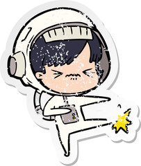 distressed sticker of a cartoon astronaut woman