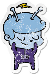 distressed sticker of a shy cartoon spaceman