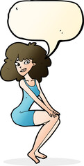 cartoon sitting woman in dress with speech bubble