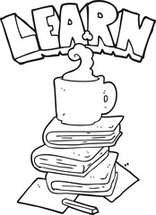 black and white cartoon books and coffee cup under Learn symbol