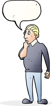 catoon curious man with speech bubble