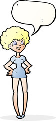 cartoon happy woman with hands on hips with speech bubble