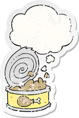 cartoon canned food and thought bubble as a distressed worn sticker