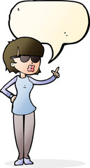cartoon woman wearing spectacles with speech bubble