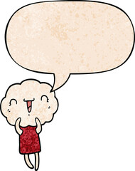 cute cartoon cloud head creature and speech bubble in retro texture style