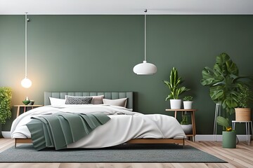 Bed Between Ladder and Plant in Green Boho Bedroom Interior with Grey Carpet under Lamps