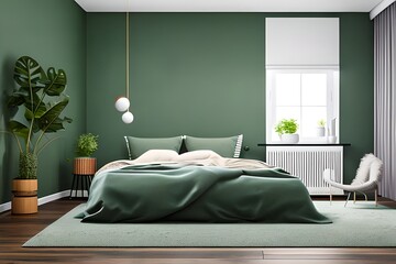 Bed Between Ladder and Plant in Green Boho Bedroom Interior with Grey Carpet under Lamps