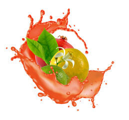  group of fruits surrounded by a splash of fruit juice