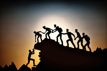 Silhouette of teamwork, a team of people helping each other to cross a gap, conquer difficulties, face challenges, 