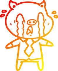 warm gradient line drawing crying pig cartoon wearing human clothes