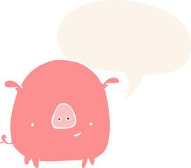cartoon happy pig and speech bubble in retro style
