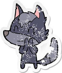 distressed sticker of a friendly cartoon wolf
