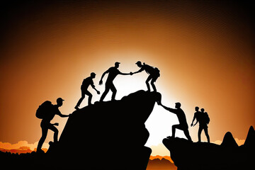 Silhouette of teamwork, a team of people helping each other to cross a gap, conquer difficulties, face challenges, 