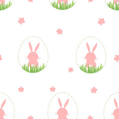 Seamless pattern with Easter bunny rabbit cartoons, cute flower, grass on white background vector.