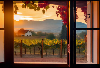 View from the farmhouse to the vineyards. AI Generated