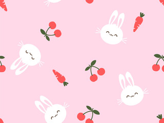 Seamless pattern with Easter bunny rabbit cartoons, cherry fruit and carrot on pink background vector.