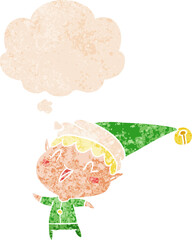 cartoon happy christmas elf and thought bubble in retro textured style