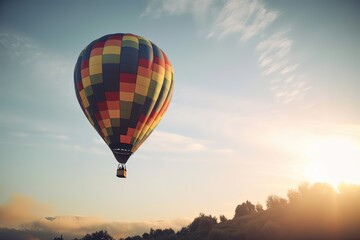 Obraz premium Colorful hot air balloon flying on sky at sunset. travel and air transportation concept. Generative Ai.