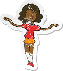 retro distressed sticker of a cartoon woman taking praise