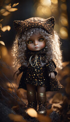 Exclusive and collectible girl doll panther, tiger, jaguar, in a beautiful outfit. Toy for children, decorative baby doll with big eyes. Created with AI.