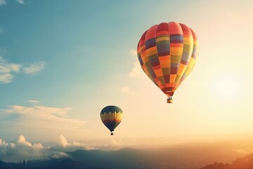 Fototapeta premium Colorful hot air balloon flying on sky at sunset. travel and air transportation concept. Generative Ai.