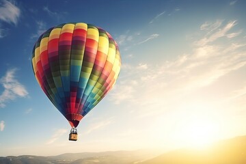 Naklejka premium Colorful hot air balloon flying on sky at sunset. travel and air transportation concept. Generative Ai.